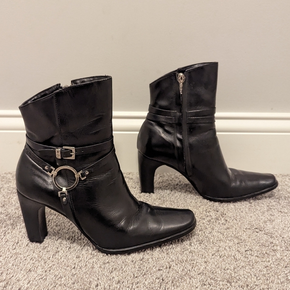 Harley Davidson Harness Ring Biker Heel Black Leather Bootie sz 8